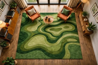 Rug Modern Abstract Wavy Moss Green Hand Tufted Designer Rug For Contemporary