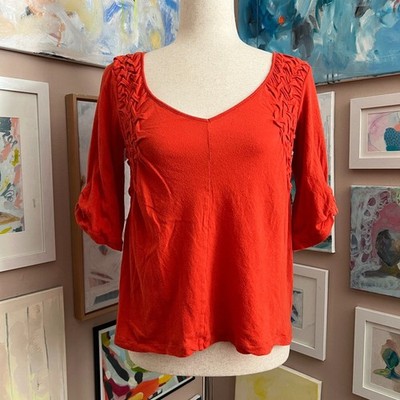 Ett Twa Anthropologie Orange Braided Detail V Neck Boho Blouse Size S Spring