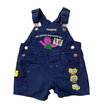 Vintage 90s Barney Baby Overalls 9M Blue Conductor Dinosaur Train Plane Car
