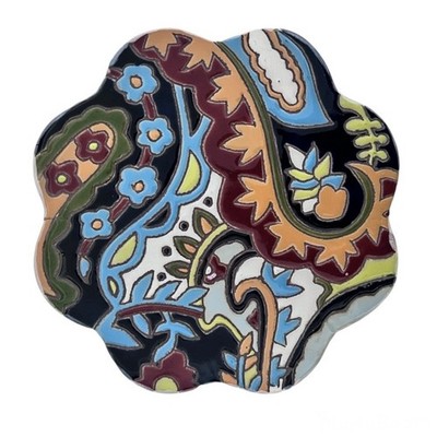 ANTHROPOLOGIE Trivet Scalloped Tile Boho Floral Paisley Glaze Terracotta Kitchen