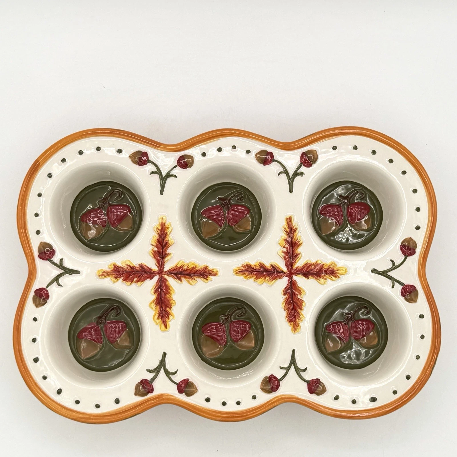 Temptations by Tara Fall Harvest Acorns Ceramic 6 Cupcake Muffin Ovenware 8X11in