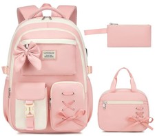 Girls Pink Beige School Backpack with Lunch Box and Pencil Case for Kids