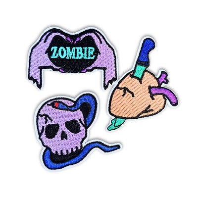 Zombie Patch Trio   3pc Spooky Iron-On Embroidered Appliques (2'')