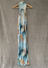 PrettyLittleThing Blue Abstract Maxi Dress UK 6 Bodycon High Neck Open Back VGC