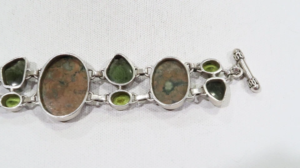 Pulsera artesanal BJ 925 riolita/jaspe de océano, moldavita y peridoto esterlina Foto 3 de 4