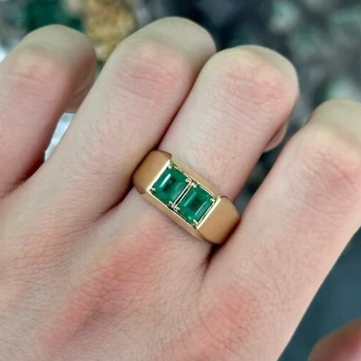 2Ct Natural Green Emerald Two Stone Men's Engagement Ring In 14k Yellow Gold
