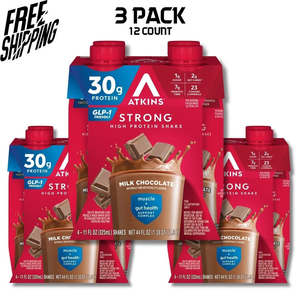 (3 Pack of 4 count) Atkins Strong High Protein Shake, Milk Chocolate, 30g - Image 1 of 1