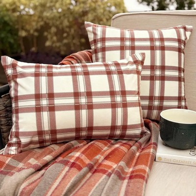 The HomeCentric Red & White Throw Pillow Cover Velvet Plaid - Vintage Plaid Red