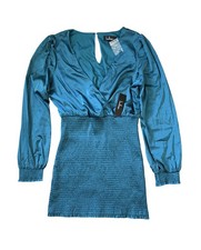 Lulus Teal Satin Long Sleeve Smocked Bodycon Mini Dress V-Neck Size Large NWT