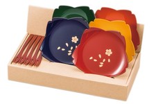 Maeju AMJ-2P-610 Japanese Lacquerware Dessert Plate Set Cherry Blossom Forks