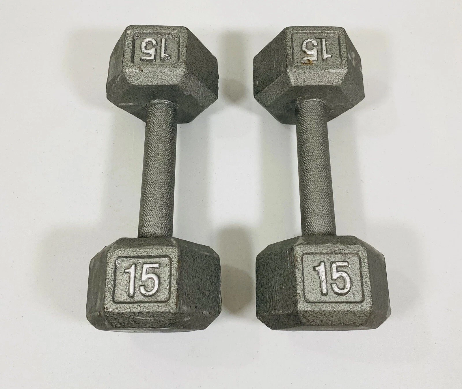 Vintage Pair of 15 Lb. Cast Iron Hex Dumbbells Hand Weights Total 30 Lbs