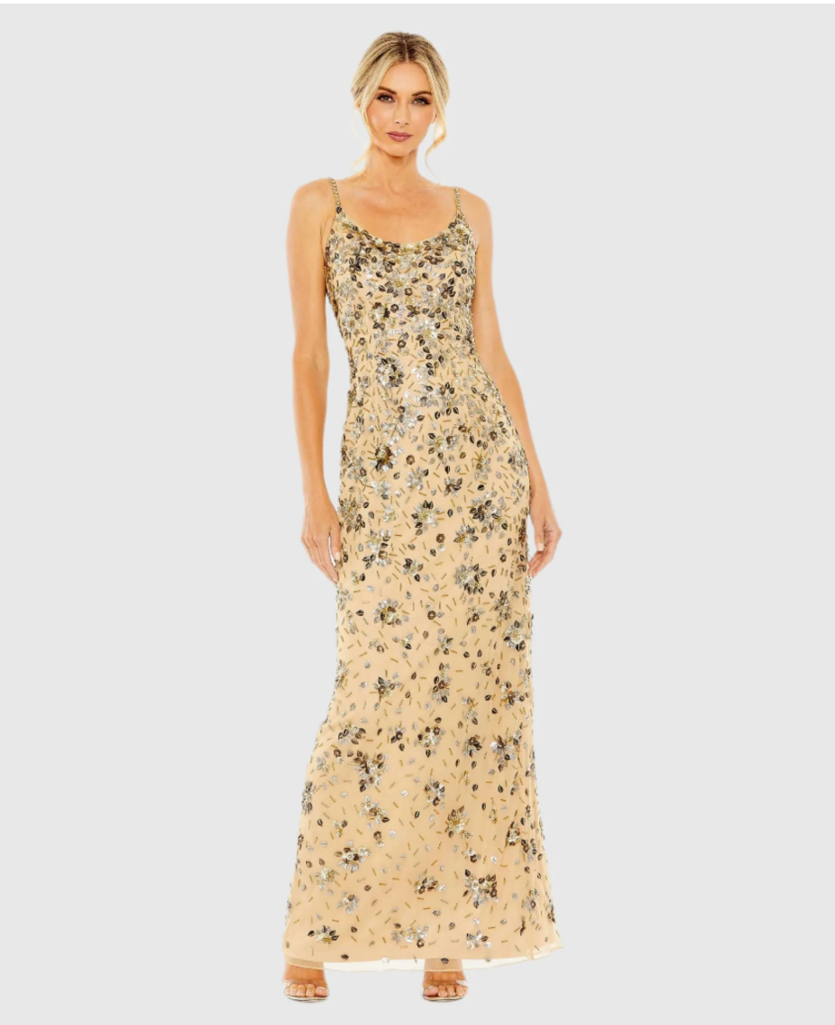 MAC DUGGAL 5477 BEIGE GOLD EMBELLISHED SCOOP NECK EVENING GOWN  sz  6