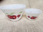 Vintage Fire King Milk Glass Apples/Cherries Large Mixing Bowls, 9.25" & 6.5"