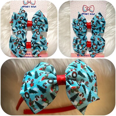 Mädchen Weihnachtsbäume/Grinch Haarschleife Clips/Stirnbänder - Blau (Handarbeit)