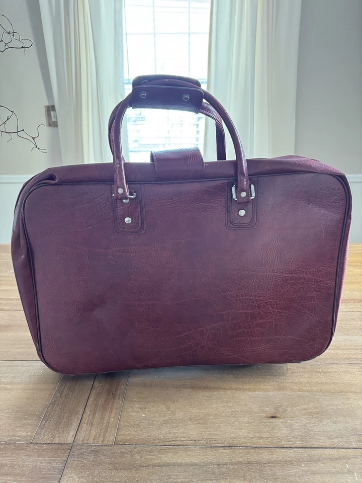 Vintage Burgundy Leather Travel Luggage - Image 2 of 4