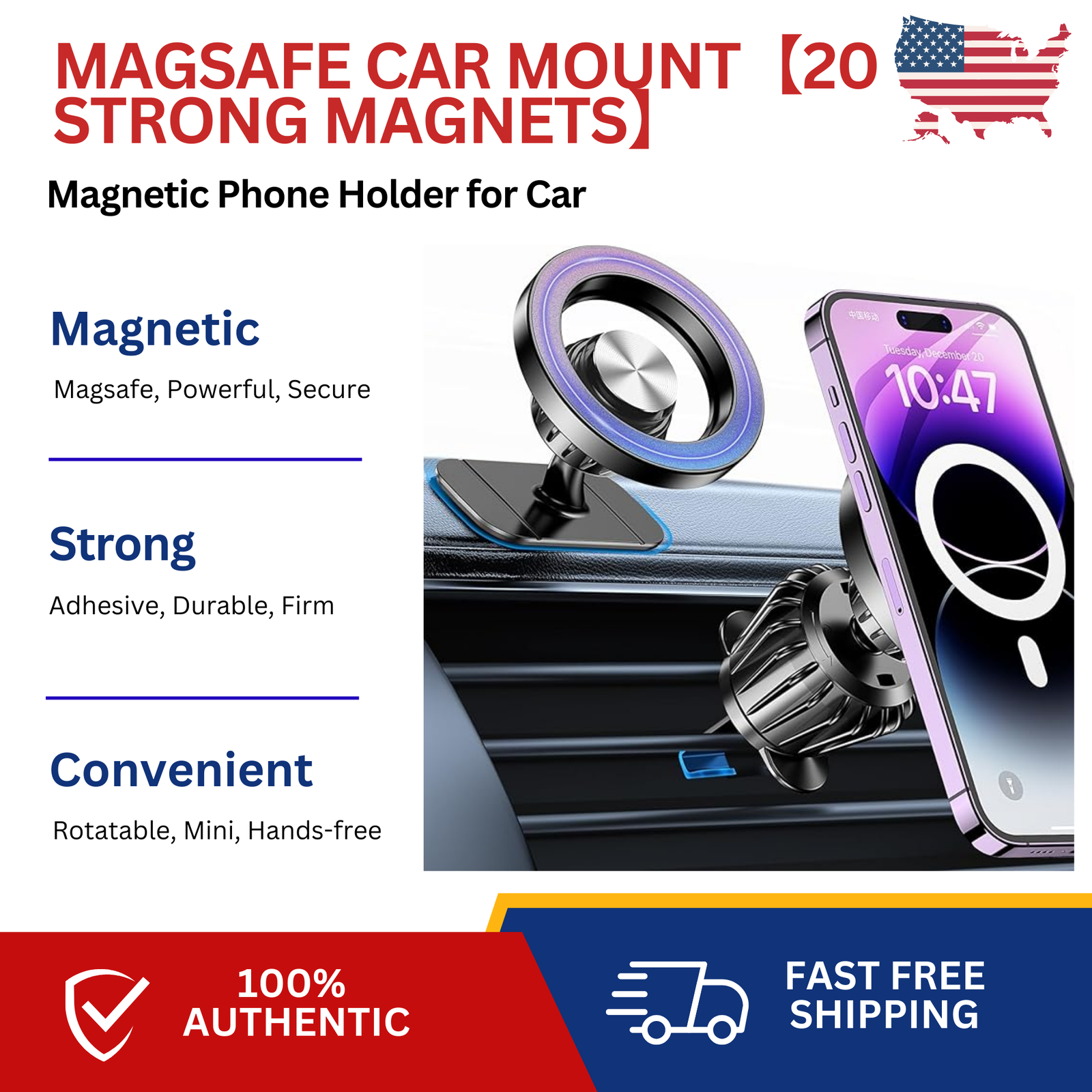 For Magsafe Car Mount【20 Strong Magnets】 Magnetic Phone Holder for Car Air Vent