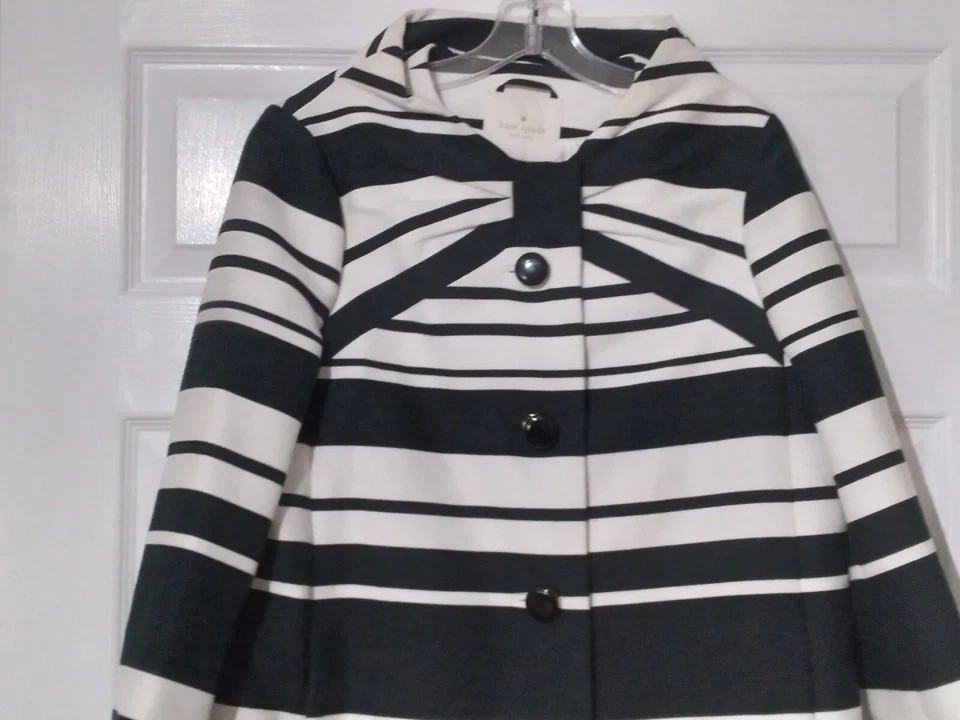 Abrigo Chaqueta Kate Spade Para Mujer 14 Blanco y Negro Rayas Arco Usado Foto 3 de 4
