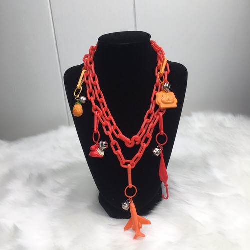 Vintage 80s Red Plastic Clip Lion Pineapple Plane Bell Charms Necklace Pendant