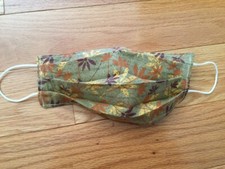 Handmade pleated mask, cotton, 3 x 8 inches, new, soft elastic, tan and flowers