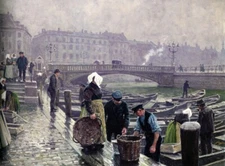 Oil painting Paul-Gustave-Fischer-Ved-Gammel-Strand cityscape canoe landscape