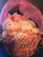 Primitive Spring/ Easter Basket With Pair Of Bunnies With Pink Ribbon And Eggs