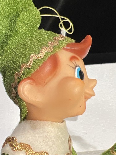 Vintage JAPAN GREEN Christmas Knee Hugger Pixie 7" Elf 1960s ADORABLE Happy Guy - Picture 9 of 9