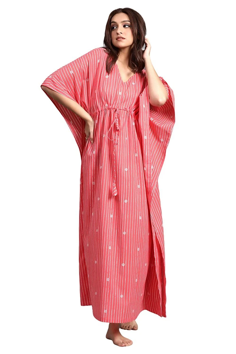 Women s Cotton All Over Printed Maxi Kaftan Night Dress KF0363 Pink Free Size