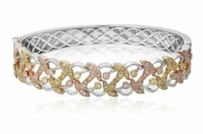 ESTATE 1.13CT WHITE & PINK DIAMOND 14KT TRI COLOR GOLD 3D LEAF BANGLE BRACELET