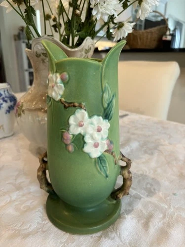 Vintage Roseville Pottery Apple Blossom 389-10” Handled Vase Green