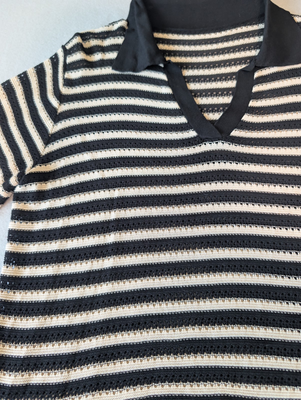 Women's Black Cream Textured Stripe Sweater Polo Open Knit Crochet Top Minimal image 9