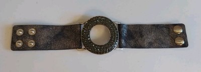 Yik Fung Signed Crystal Leather Silver-tone Cuff Snap Bracelet