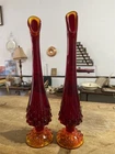 Pair Of Vintage Fenton Amberina Hobnail Swung Glass Bud Vases~Red Orange