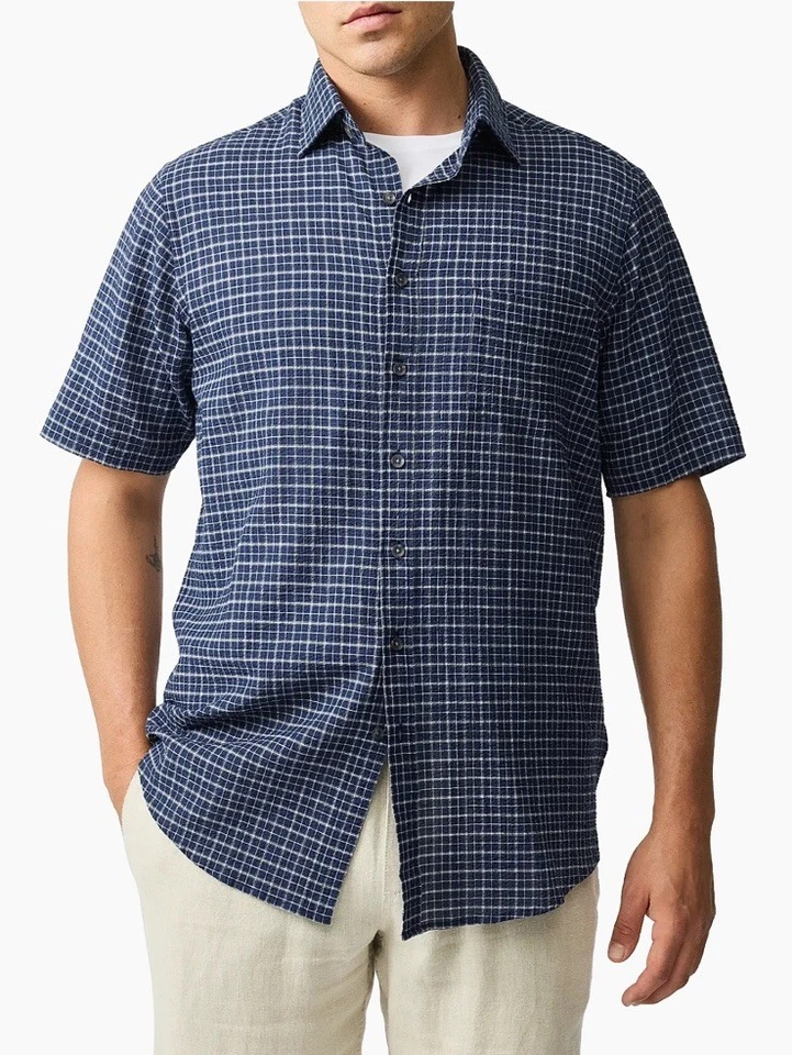 Camisa masculina xadrez azul marinho manga curta Rodd & Gunn Gowenbridge Seersucker 2XL - Imagem 2 de 4