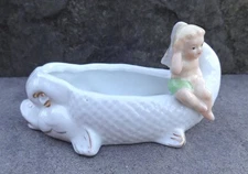 Porcelain Stylized Fish/Dolphin Open Salt Dip, Cellar, Dish w/Cherub, Baby!