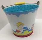 Vintage Schylling Tin Pail Sand Bucket Wooden Handle, Boy & Girl on Beach
