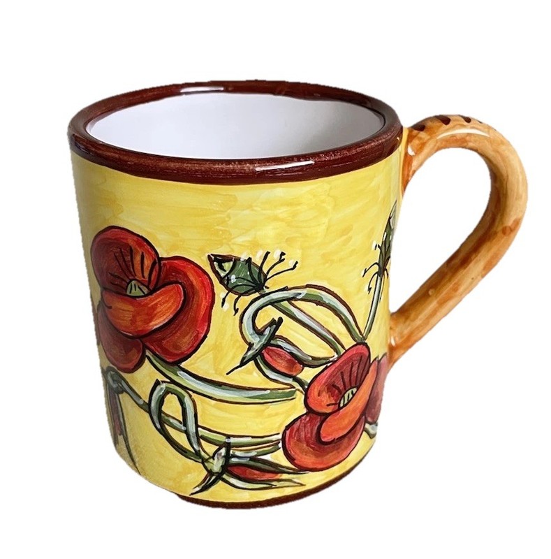 EUC DERUTA Italy Hand Painted Mug Yellow Red Flower Poppies Floral Pottery Cup