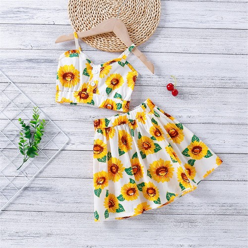 Toddler Kids Baby Girl Summer Outfits Sunflower Print Crop Top Skirt Clothes Set - Picture 3 of 16