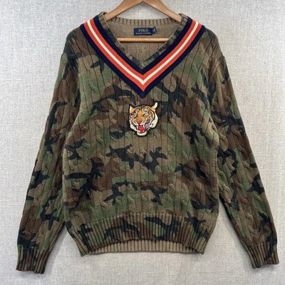 Polo Ralph Lauren Camo Cricket Varsity Tennis Sweater Tiger Medium