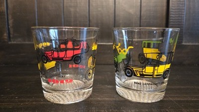 Two Whiskey Rocks Glasses Vintage Cars Double Sided 