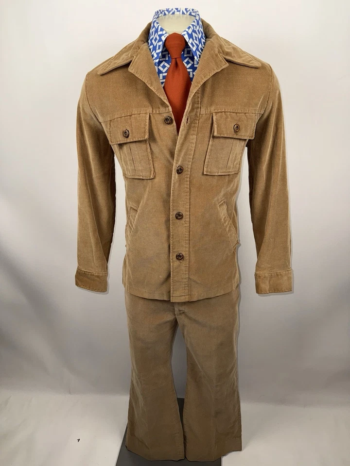 Vtg 60s 70s Leisure Suit Corduroy Mens 42 Jacket Coat 34 27 Pants Disco Haggar - Image 2 of 4