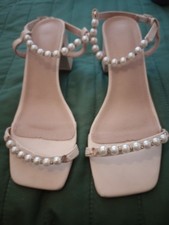 Nude Block Heel Sandals With Pearl Detail Size 7