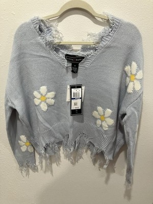 Polly & Esther Light Blue Daisy Frayed Crop Sweater, Women's Size Medium