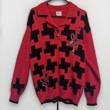Vintage 80s Knit Sweater by Ann WT Red Black Ornaments with Jewels Size L