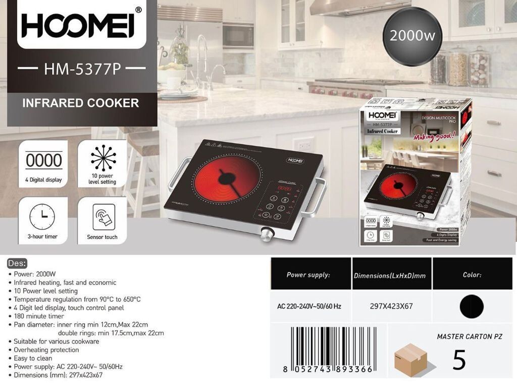 x Hoomei HM 5377P Fornello a Infrarossi 2000W 10 Livelli Touch Timer