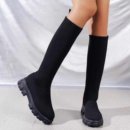 Strick Kniehohe Stiefel Stretch Sockenstiefel Plateau Slim High Heel Langstiefel - Bild 4 von 34