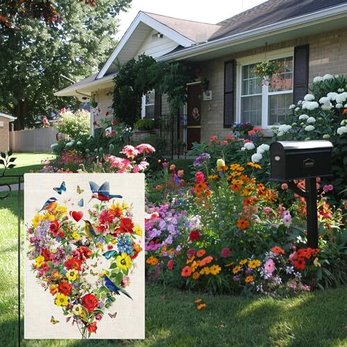Birds Flowers and Butterflies Garden Flag, 12x18 Inch Double Sided Burlap, N - Foto 2 di 7
