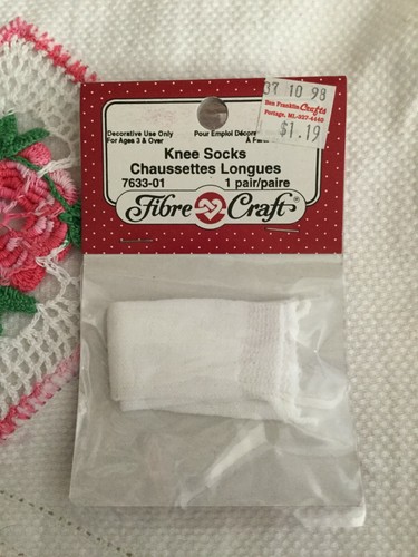 Doll Socks Solid White Color Knee Length 1 pair by Fibre Craft NOS 7633-01