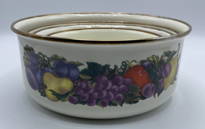 Lot 4 Vintage Cornucopia Enamel Metal Nesting Bowls Fruit Country Thanksgiving