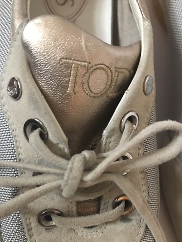 Tods Women's Shoes Keds Gold leather Gray Beige Suede Laced Size 37.5 US 7.5 - Picture 12 of 12