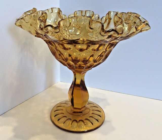 Vintage Fenton Amber Glass Inverted Thumbprint Ruffled Stemmed Compote eBay